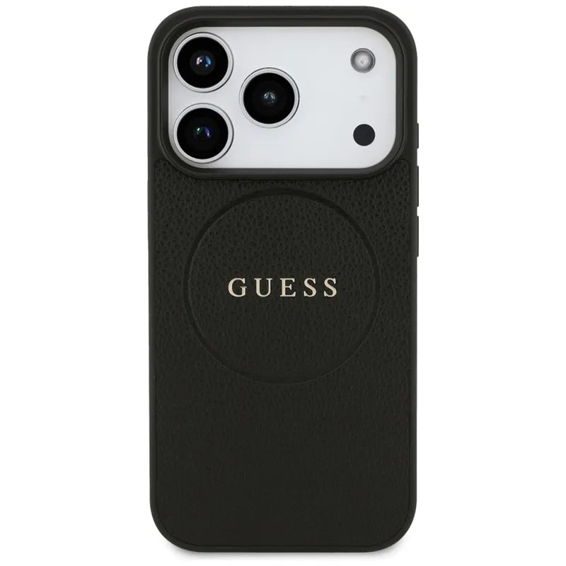 Guess Grained Ring MagSafe – Dėklas iPhone 17 Pro (juodas)