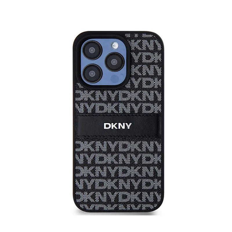 DKNY Leather Mono Stripe & Metal Logo – dėklas iPhone 15 Pro Max (juodas)
