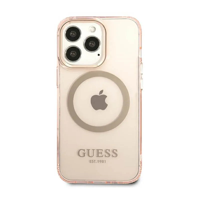 „Guess Gold Outline Translucent MagSafe“ – dėklas „iPhone 13 Pro“ (rožinis)
