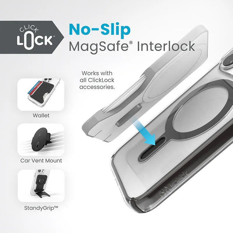 Speck Presidio Perfect-Clear ClickLock & MagSafe – iPhone 15 Pro dėklas (skaidrus / matinis juodas / pilkas)