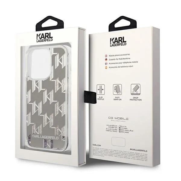 Karl Lagerfeld Monogram Liquid Glitter – dėklas, skirtas iPhone 14 Pro Max (sidabrinis)