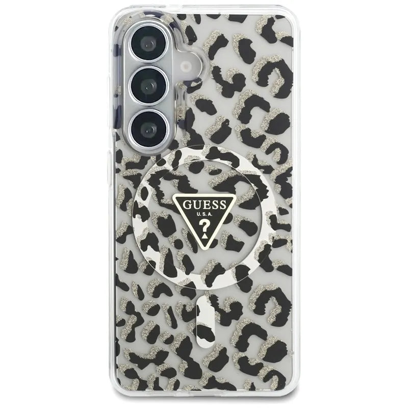 Guess IML Leopard Print Triangle MagSafe – Samsung Galaxy S26 dėklas (juodas)