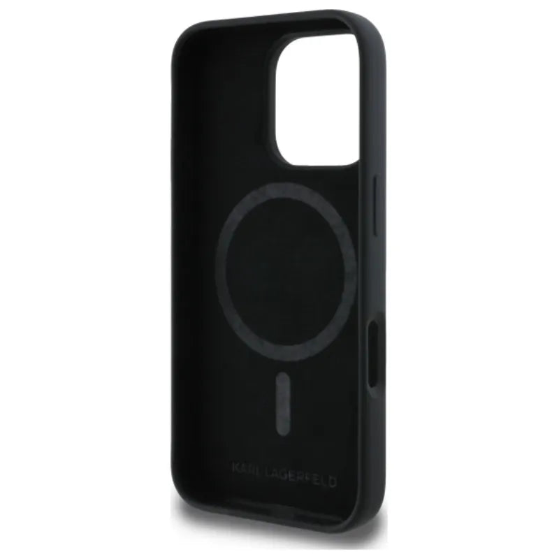 Karl Lagerfeld Silicone Double Heads Print MagSafe – dėklas iPhone 16 Pro (juodas)