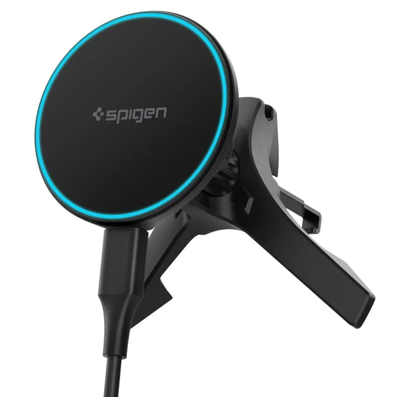 Spigen EV15MAQ Essential – MagSafe 15W Qi2 automobilinis laikiklis į ventiliacijos groteles (juodas)