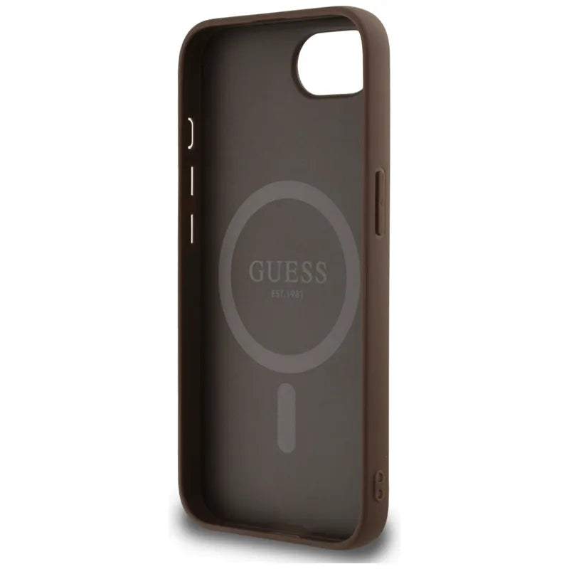 Guess 4G Circle Classic Logo MagSafe dėklas, skirtas iPhone 16e (ruda)