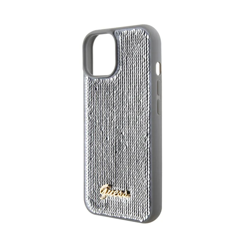 Guess Sequin Script Metal – dėklas iPhone 15 (sidabrinis)