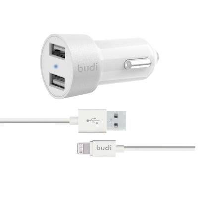 Budi – 2 USB automobilinis įkroviklis su LED indikatoriumi + Lightning laidas