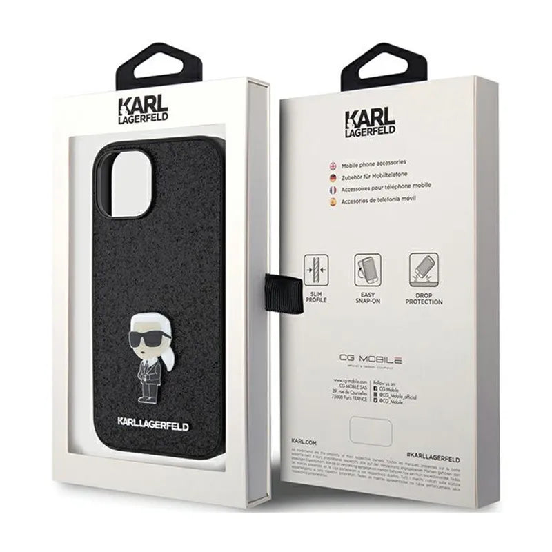 Karl Lagerfeld Fixed Glitter Ikonik Logo Metal Pin – iPhone 15 / 14 / 13 dėklas (juodas)