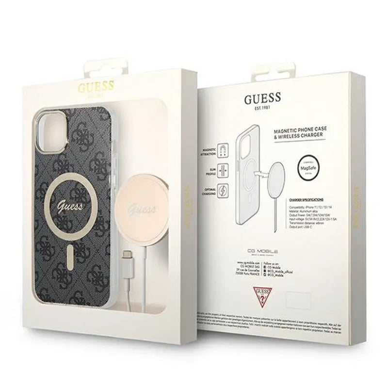 Guess Bundle Pack MagSafe 4G – rinkinys: dėklas iPhone 14 Plus + MagSafe įkroviklis (juoda/auksinė)