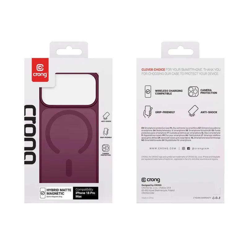 Crong Hybrid Matte Magnetic – MagSafe dėklas, skirtas iPhone 17 Pro Max (bordo)