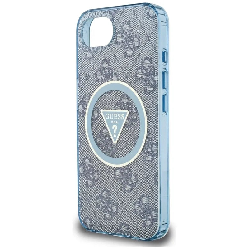 Guess IML Metal Glitter 4G Circle Triangle MagSafe – dėklas iPhone 16e (mėlynas)