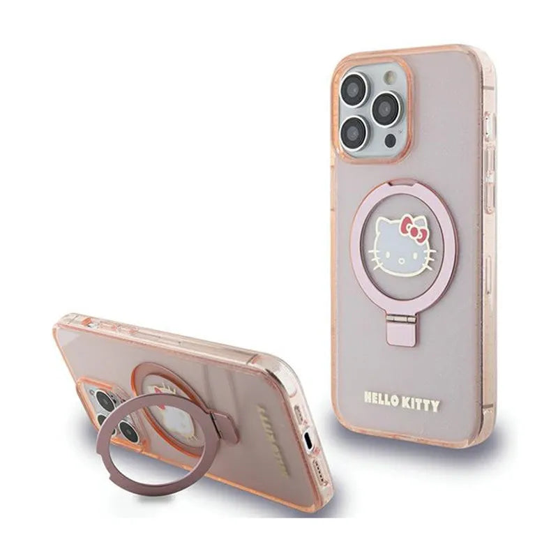 Hello Kitty Ring Stand Glitter Electrop Logo MagSafe - dėklas iPhone 15 Pro Max (rožinis)