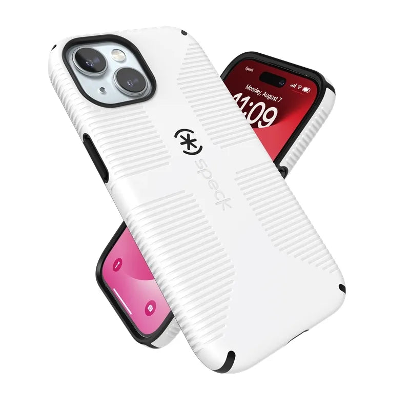 Speck Candyshell Grip MagSafe – dėklas, skirtas iPhone 17e / 16e / 15 / 14 / 13 (baltas / juodas)