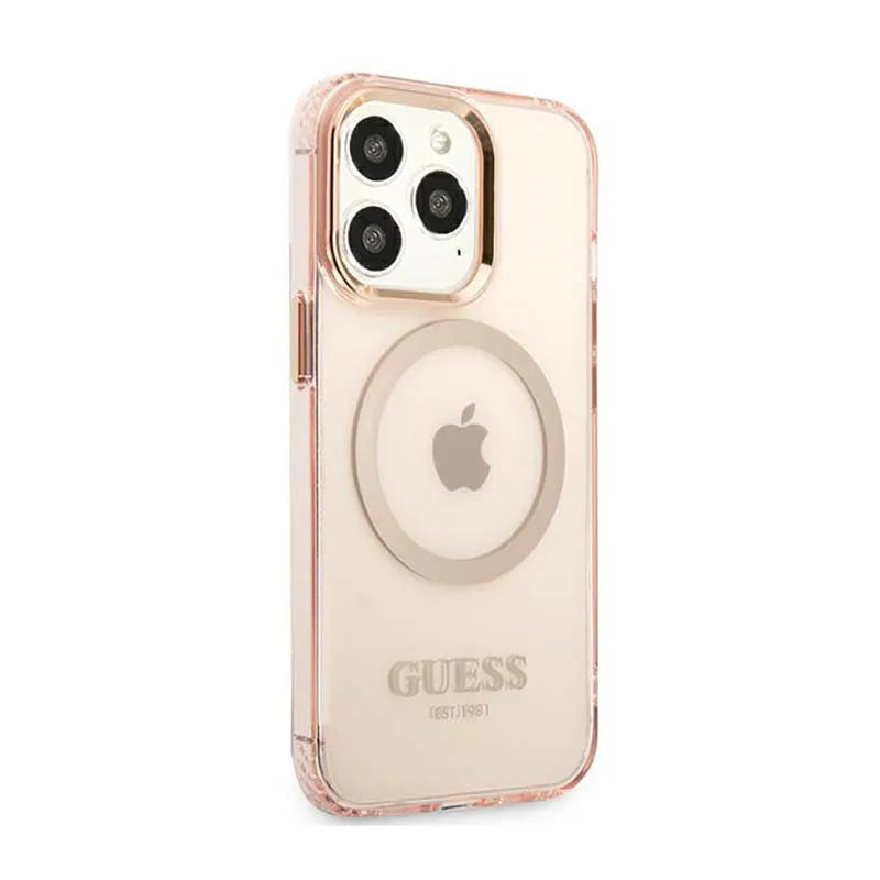 „Guess Gold Outline Translucent MagSafe“ – dėklas „iPhone 13 Pro“ (rožinis)