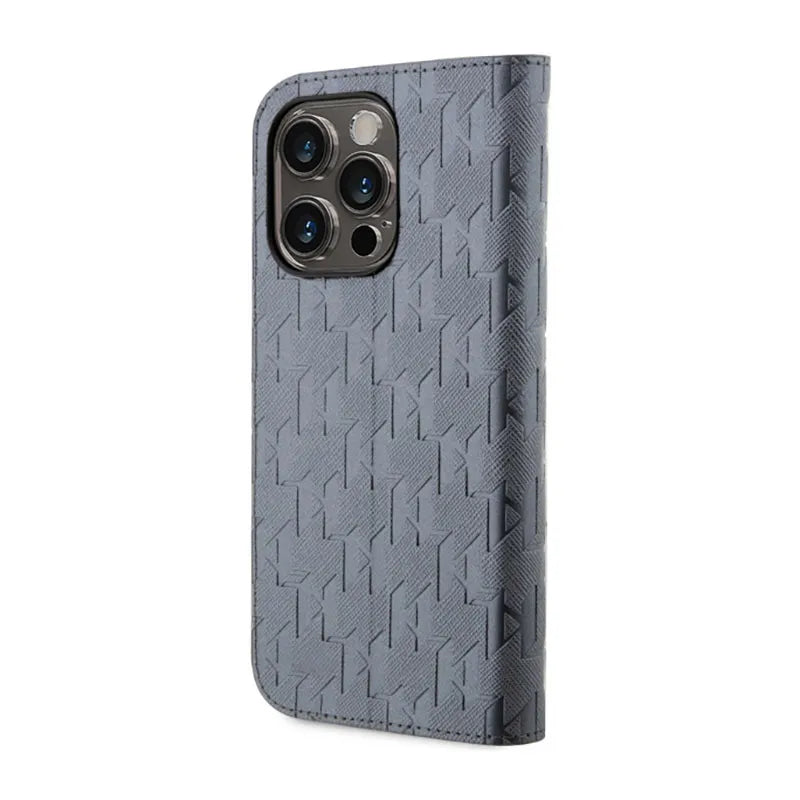 Karl Lagerfeld Booktype Saffiano Monogram – dėklas iPhone 14 Pro Max (sidabrinis)