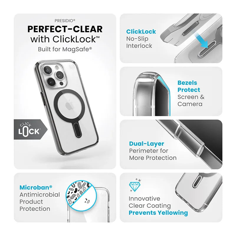 Speck Presidio Perfect-Clear ClickLock & MagSafe – iPhone 15 Pro dėklas (skaidrus / matinis juodas / pilkas)