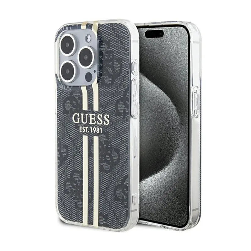 Guess IML 4G Gold Stripe dėklas iPhone 15 Pro (juodas)