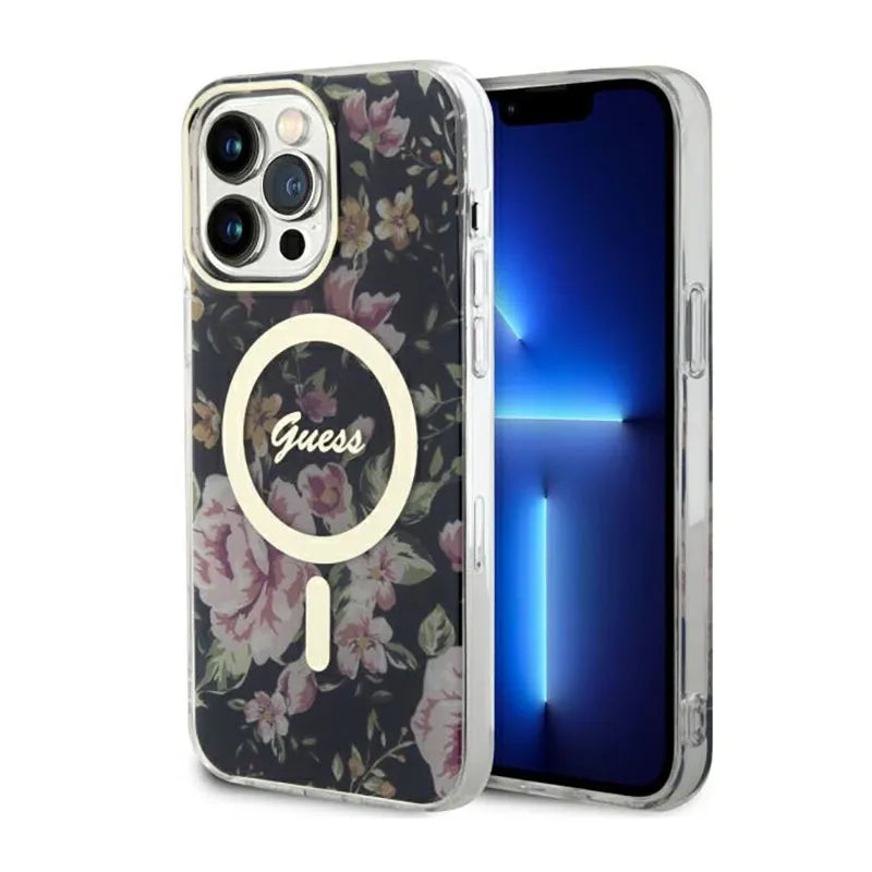 Guess Flower MagSafe - Dėklas iPhone 14 Pro Max (juodas)