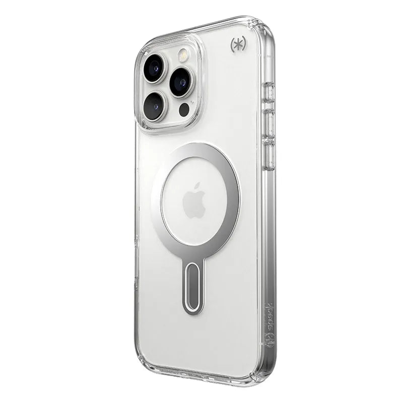 Speck Presidio Perfect-Clear ClickLock & MagSafe – dėklas iPhone 16 Pro Max (skaidrus / chromuotas užbaigimas / Serene Silver)