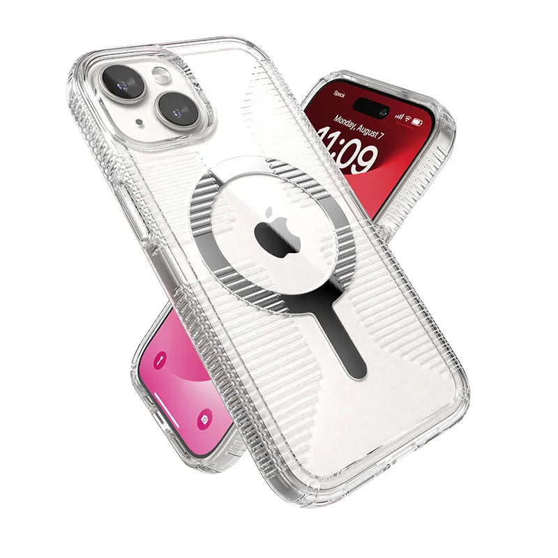 Speck Gemshell Grip + MagSafe – dėklas iPhone 17e / 16e / 15 / 14 / 13 (skaidrus / chromo apdaila)