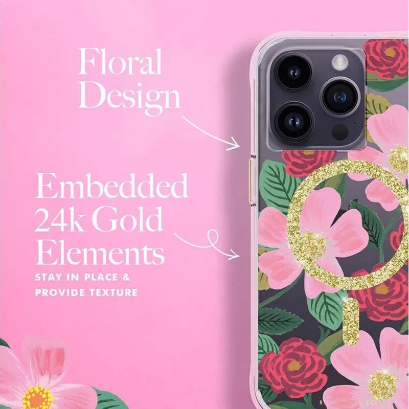 Rifle Paper Clear MagSafe - auksu dekoruotas dėklas, skirtas iPhone 14 Pro (Rose Garden)