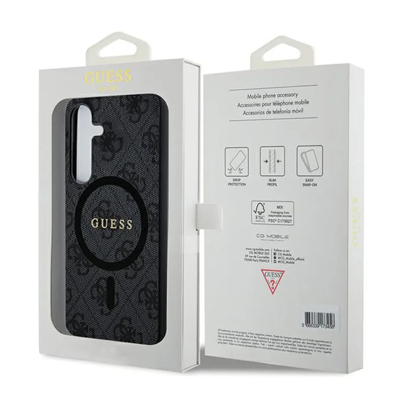 Guess 4G Collection Leather Metal Logo MagSafe – dėklas Samsung Galaxy S24 (juodas)