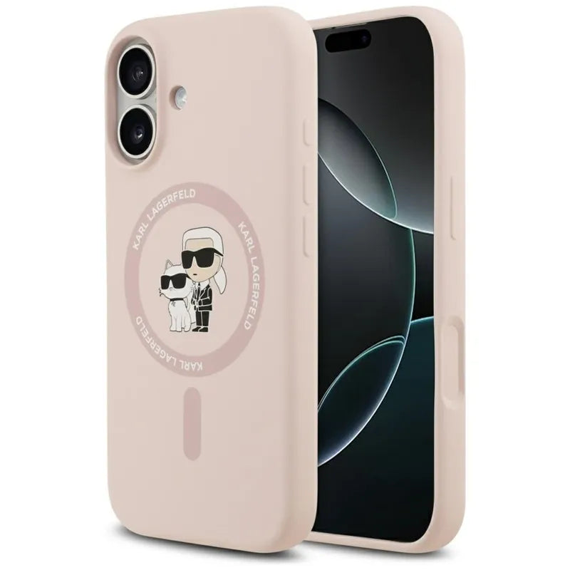 Karl Lagerfeld Silicone Karl & Choupette Ring MagSafe – dėklas iPhone 17 (rožinis)