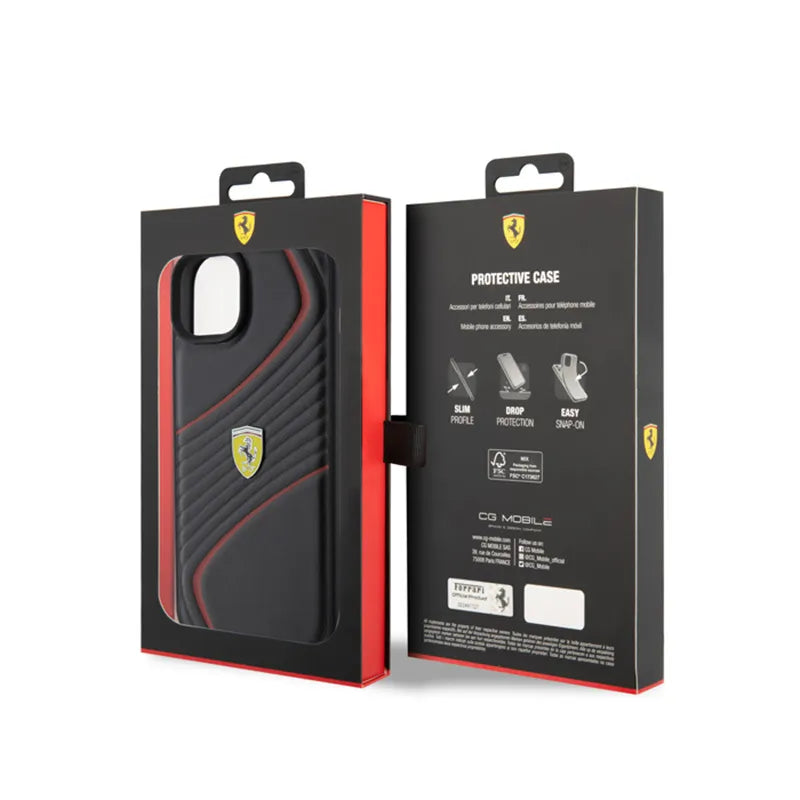 Ferrari Twist Metal Logo – dėklas iPhone 15 Plus telefonui (juodas)