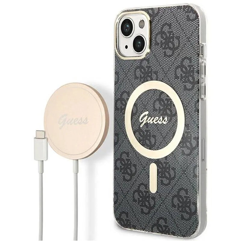Guess Bundle Pack MagSafe 4G – rinkinys: dėklas iPhone 14 Plus + MagSafe įkroviklis (juoda/auksinė)