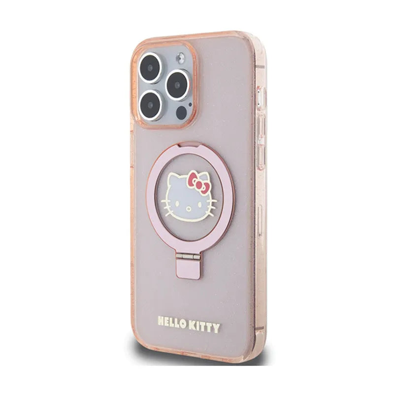 Hello Kitty Ring Stand Glitter Electrop Logo MagSafe - dėklas iPhone 15 Pro Max (rožinis)