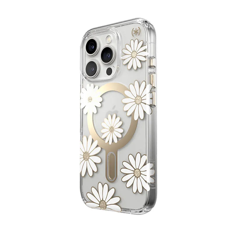 Speck Presidio Lux ClickLock & MagSafe - iPhone 16 Pro dėklas (Sunshine Daisies / Skaidrus / Auksinis)