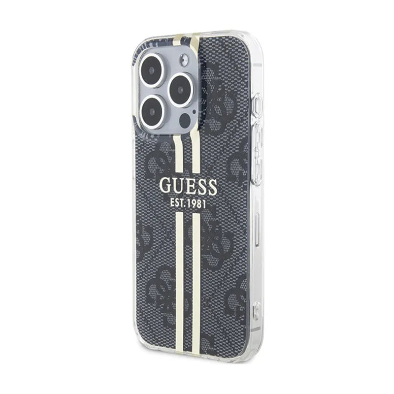 Guess IML 4G Gold Stripe dėklas iPhone 15 Pro (juodas)