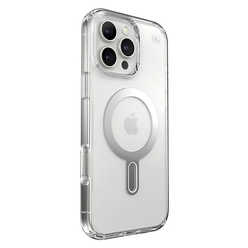 Speck Presidio Perfect-Clear ClickLock & MagSafe – dėklas iPhone 16 Pro Max (skaidrus / chromuotas užbaigimas / Serene Silver)