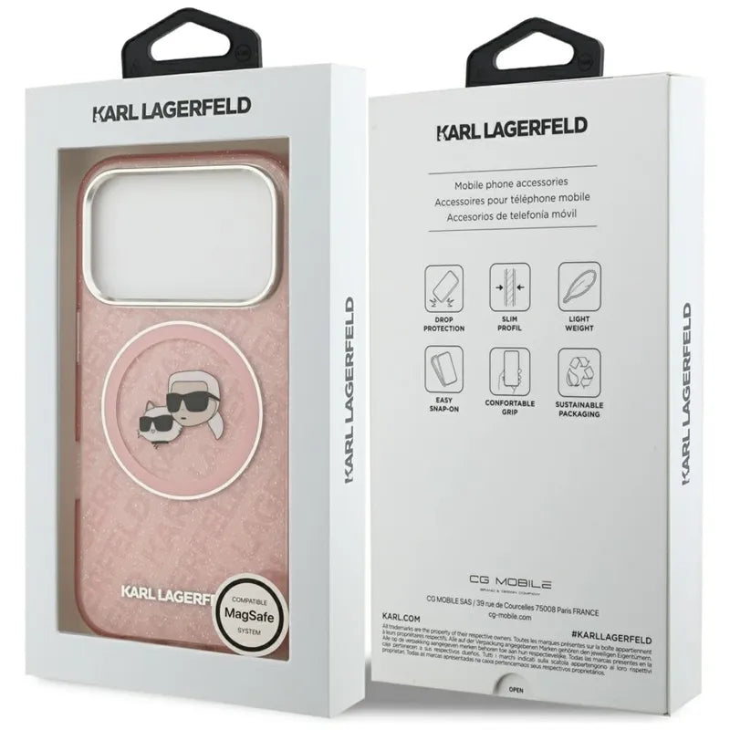 Karl Lagerfeld IML Glitter Karl & Choupette Heads Logo MagSafe – dėklas iPhone 17 Pro (rožinis)
