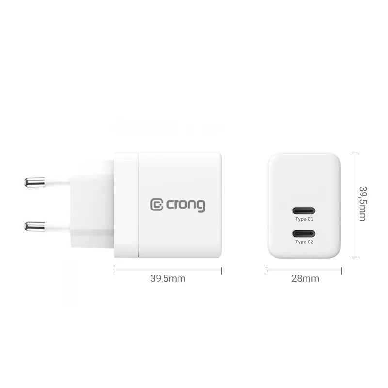 Crong Ultra Compact GaN – sieninis įkroviklis 2x USB-C 35W PD 3.0 su PPS (baltas)
