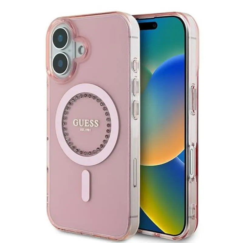 Guess IML Rhinestones MagSafe – dėklas iPhone 16 (rožinis)