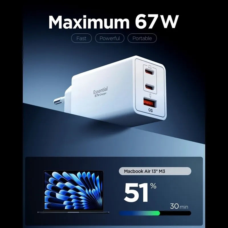 Spigen Essential EE673EU GaN Pro – Sieninis įkroviklis 2x USB-C + USB-A 67W (baltas)