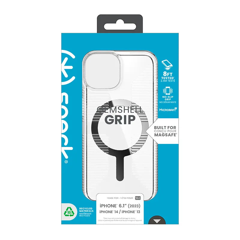 Speck Gemshell Grip + MagSafe – dėklas iPhone 17e / 16e / 15 / 14 / 13 (skaidrus / chromo apdaila)