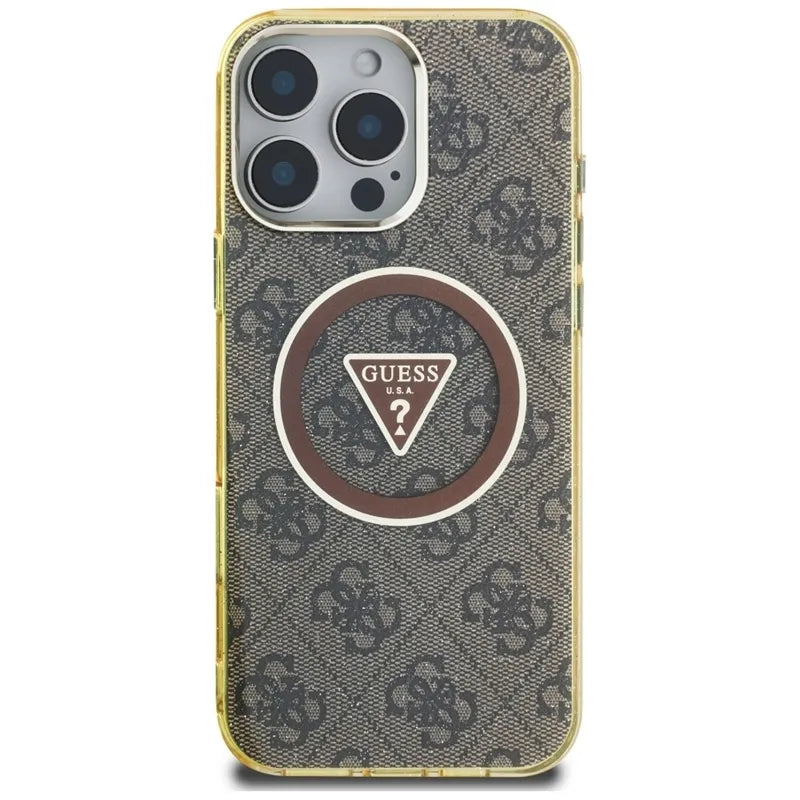 Guess IML Metal Glitter 4G Circle Triangle MagSafe – dėklas iPhone 16 Pro (rudas)