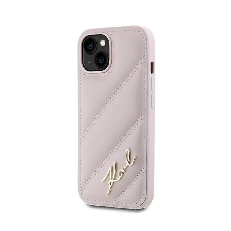 Karl Lagerfeld Diagonal Quilted Script – Dėklas iPhone 15 / 14 / 13 (rožinis)