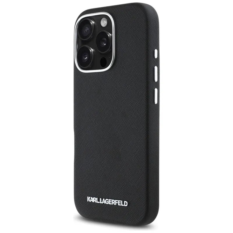 Karl Lagerfeld Saffiano Full Wrapped Elongated Metal Logo MagSafe – dėklas iPhone 16 Pro Max (juodas)
