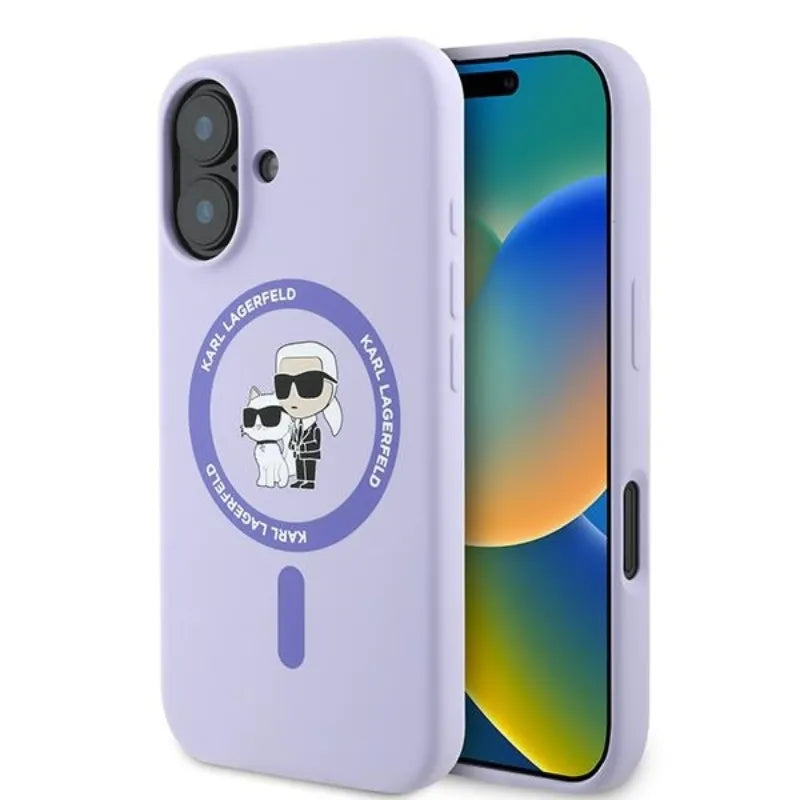 Karl Lagerfeld Silicone Karl & Choupette Ring MagSafe – Dėklas iPhone 16 Plus (violetinis)