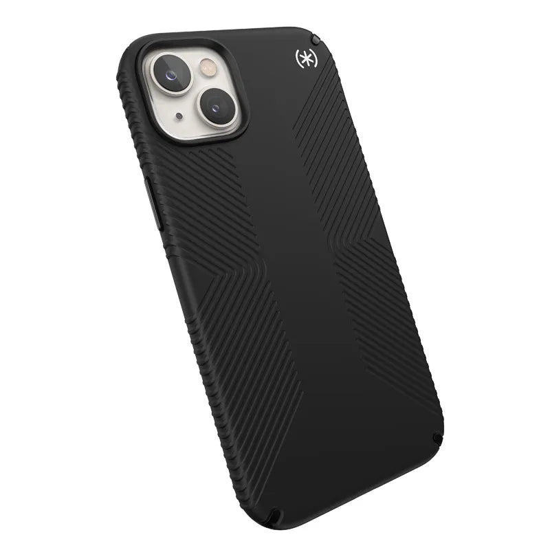 Speck Presidio2 Grip MagSafe – neslystantis iPhone 14 Plus dėklas (juodas / juodas / baltas)