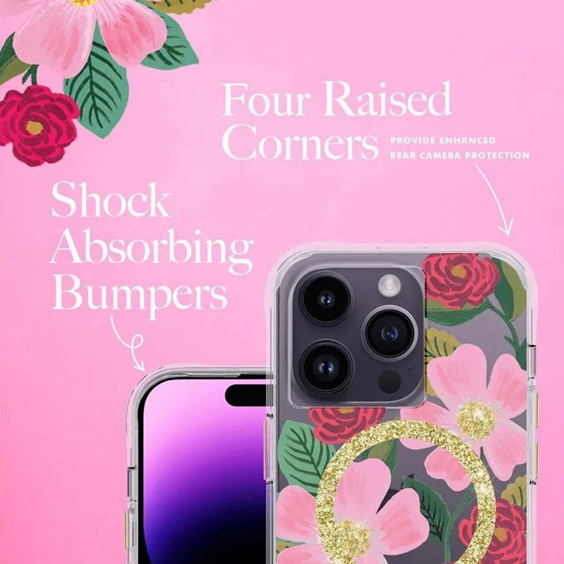Rifle Paper Clear MagSafe - auksu dekoruotas dėklas, skirtas iPhone 14 Pro (Rose Garden)