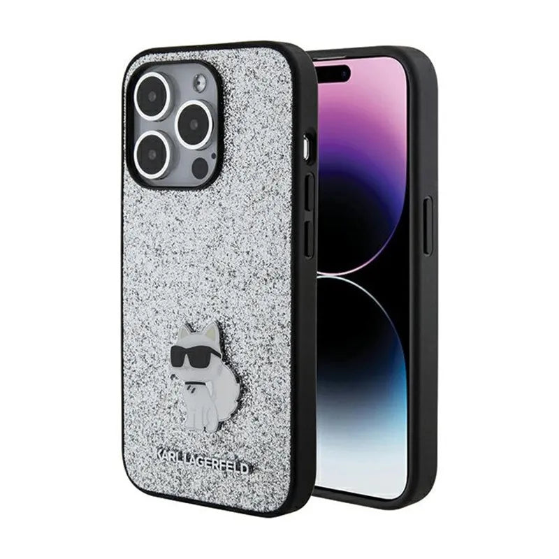 Karl Lagerfeld Fixed Glitter Choupette Logo Metal Pin - dėklas iPhone 15 Pro Max (sidabrinis)