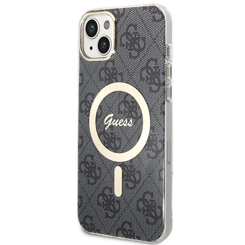 Guess Bundle Pack MagSafe 4G – rinkinys: dėklas iPhone 14 Plus + MagSafe įkroviklis (juoda/auksinė)
