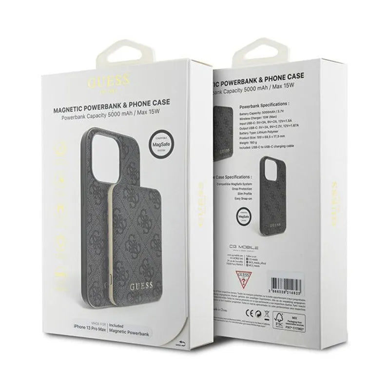 „Guess“ rinkinys „Bundle Pack MagSafe 4G Metal Gold Logo“ – dėklas + 5000 mAh „MagSafe“ išorinė baterija, skirtas „iPhone 13 Pro Max“ (juodas)