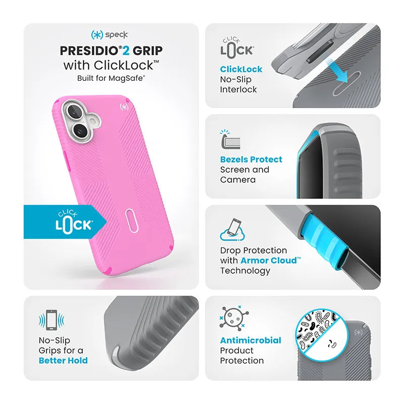 Speck Presidio2 Grip ClickLock & MagSafe - iPhone 16 Plus dėklas (True Pink / Shocking Pink / White)