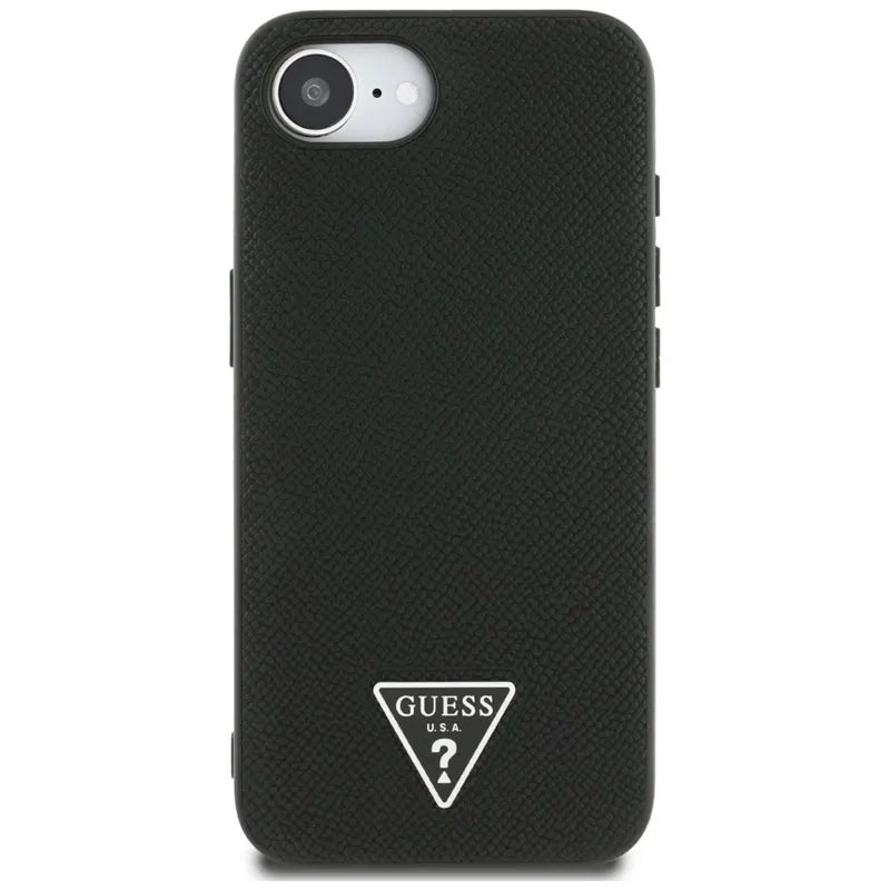 Guess Grained Triangle MagSafe – dėklas iPhone 16e (juodas)