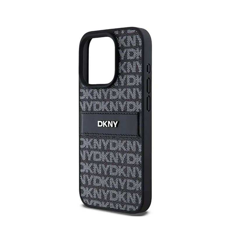 DKNY Leather Mono Stripe & Metal Logo – dėklas iPhone 15 Pro Max (juodas)